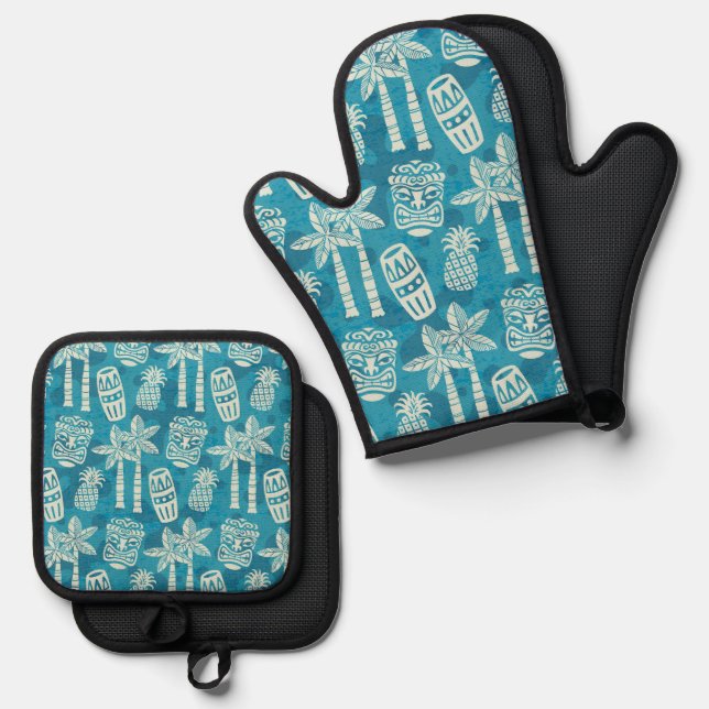 Retro Mid Century Modern Tiki Pattern Oven Mitt & Pot Holder Set (Front/Back)