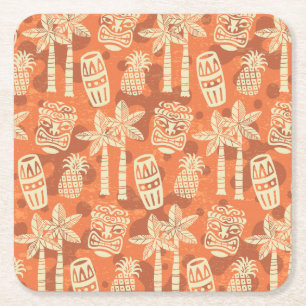 Retro Mid Century Modern Tiki Pattern Square Paper Coaster