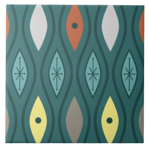 Retro Mid Century Modern Wavy Lines Teal Tile