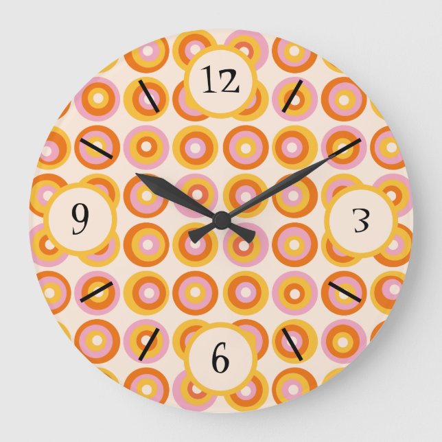 Retro Mid Century Orange Circles Pattern Large Clock (Front)