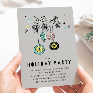 Retro Mid Century Ornaments Grey Holiday Party Invitation