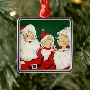 Retro Mid-Century Santa Family – Kitsch Claus Metal Ornament