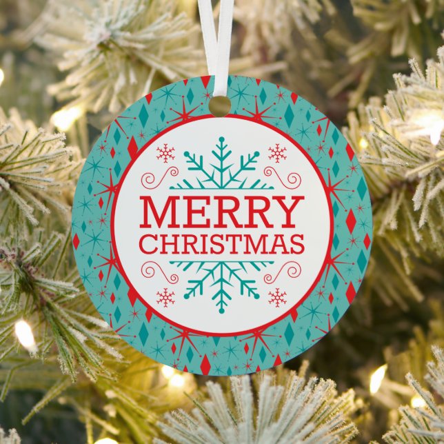 Retro Mid Century Starburst and Diamonds Christmas Metal Ornament (Insitu)
