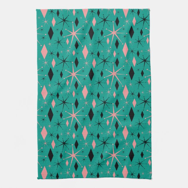 Retro Mid Century Starburst and Diamonds Dish Kitchen Towel (Vertical)