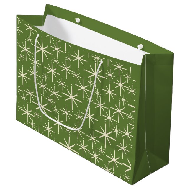 Retro Mid Century Twinkling Stars Olive Green Large Gift Bag (Front Angled)