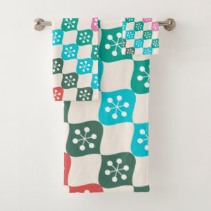 Retro Mid Mod Atomic Pattern Colourful Christmas Bath Towel Set