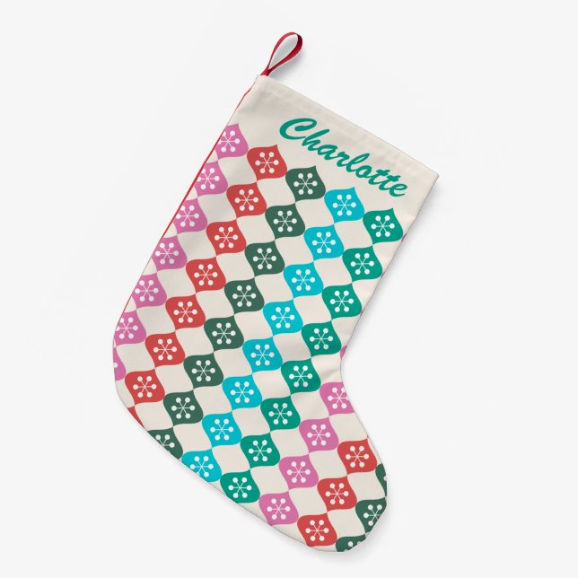 Retro Mid Mod Atomic Pattern Colourful Personalize Small Christmas Stocking (Front (Hanging))