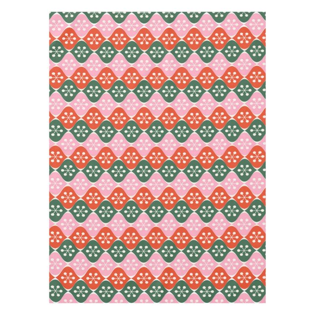 Retro Mid Mod Atomic Pattern Pink Green Christmas Tablecloth (Front)