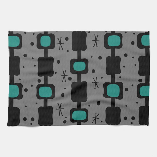 Retro Mid Mod Columns Boxes Teal Kitchen Towel (Horizontal)