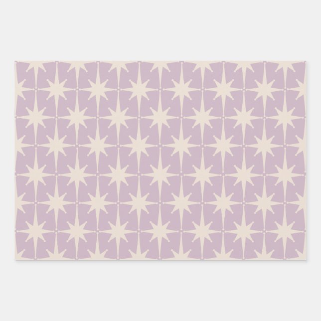 Retro Midcentury 50s Star Pattern in Lilac Throw P Wrapping Paper Sheet (Front)