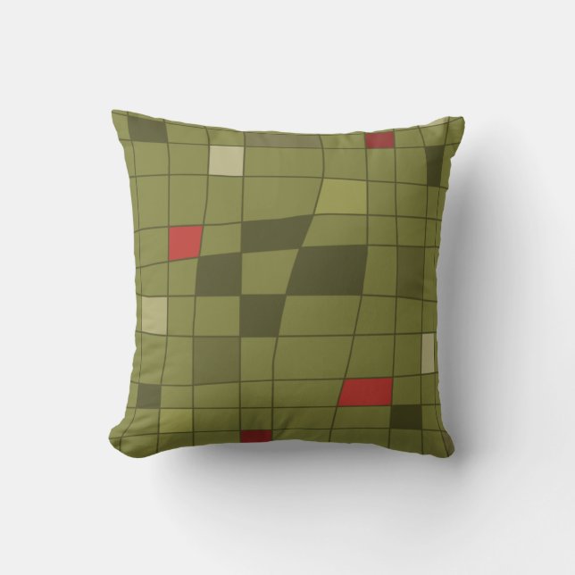 Retro Midcentury Art Warped Olive Green Throw Pillow (Front)