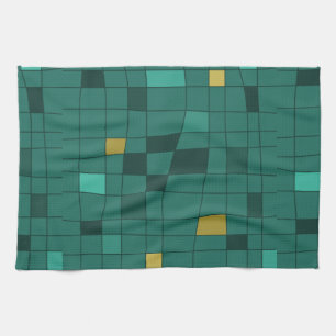 Retro Midcentury Art Warped Teal Gold Kitchen Towel