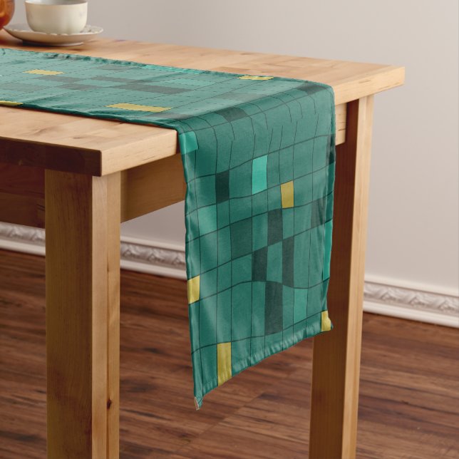 Retro Midcentury Art Warped Teal Gold Short Table Runner (In Situ)
