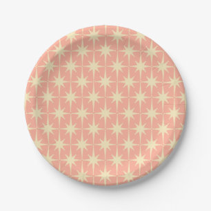 Retro Midcentury Atomic Star Pattern Blush Pink Paper Plate