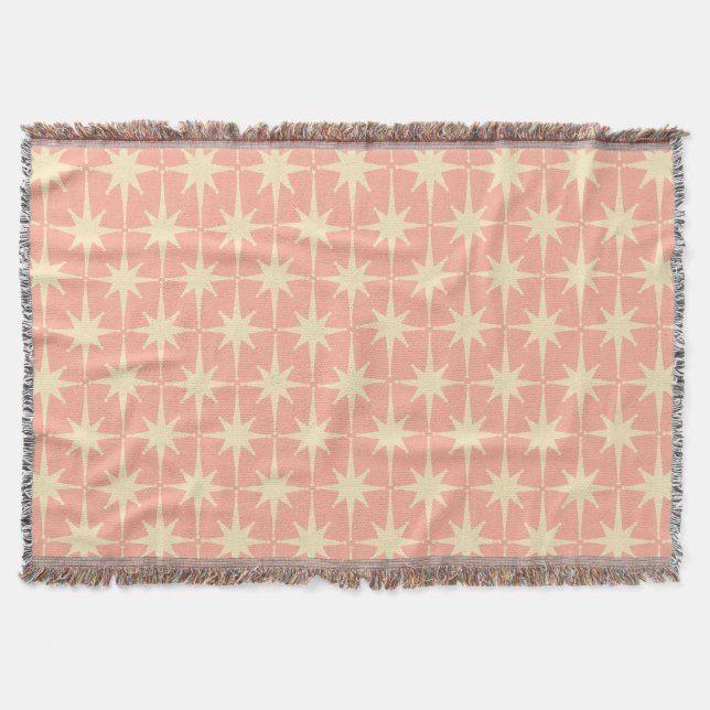 Retro Midcentury Atomic Star Pattern Blush Pink Throw Blanket (Front)
