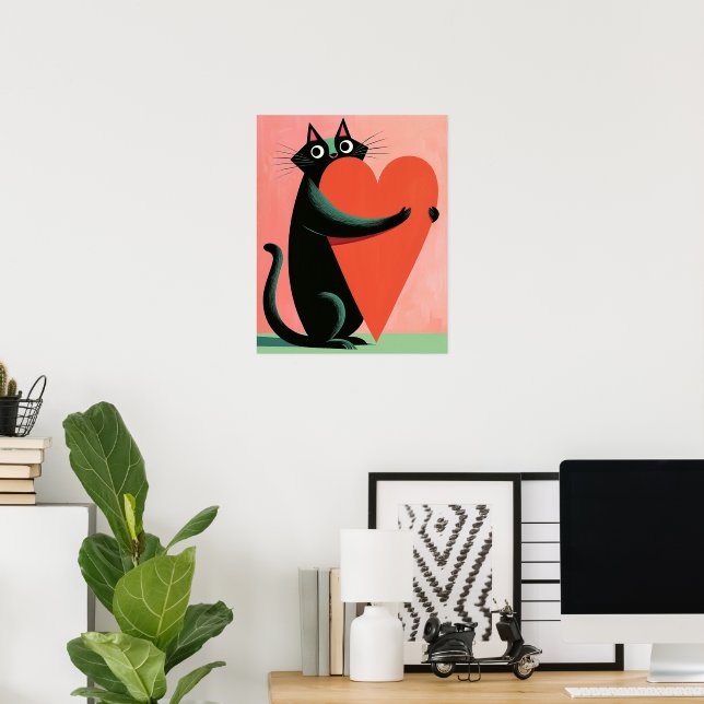 Retro Midcentury Black Cat Hugging Heart Poster (Home Office)