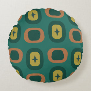 Retro Midcentury Geometric Shapes Teal Round Pillow