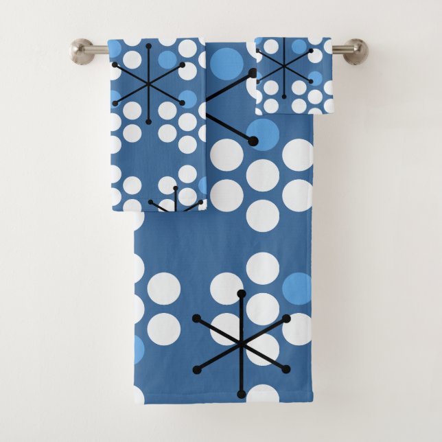 Retro Midcentury MCM Dots Blue Bath Towel Set (Insitu)