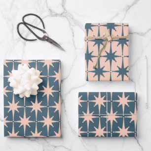 Retro Midcentury Modern 50s Starbursts Blush Teal Wrapping Paper Sheet