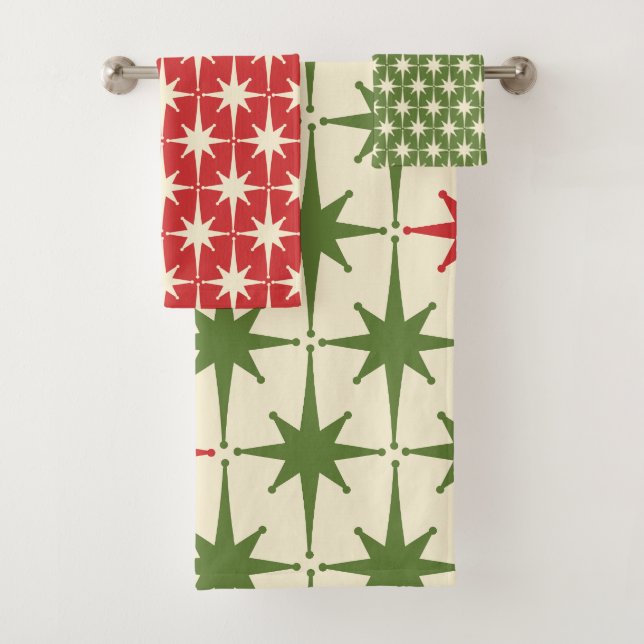 Retro Midcentury Modern Christmas Starbursts Bath Towel Set (Insitu)