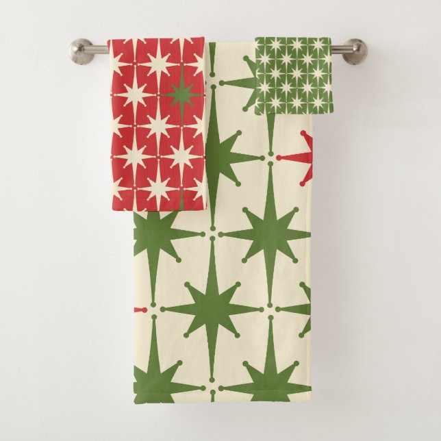 Retro Midcentury Modern Christmas Starbursts Bath Towel Set (Insitu)