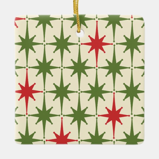 Retro Midcentury Modern Christmas Starbursts Ceramic Ornament (Front)
