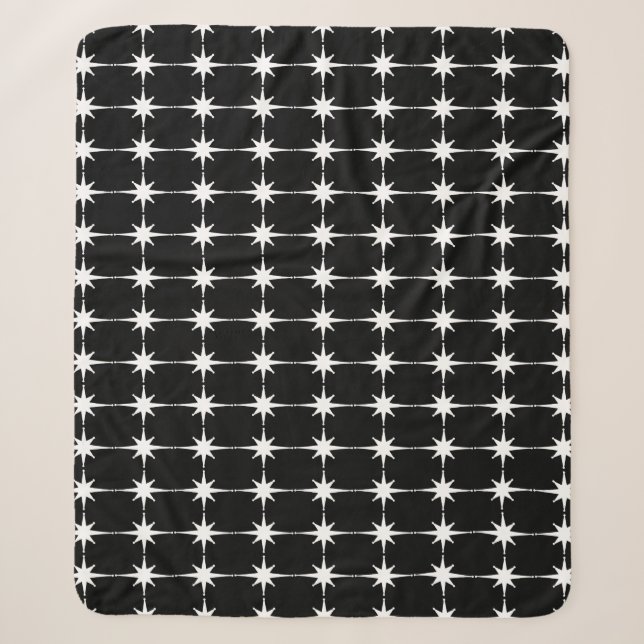 Retro Midcentury Modern Star Pattern Black & White Sherpa Blanket (Front)