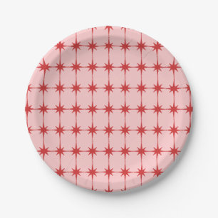 Retro Midcentury Modern Starbursts Red and Pink Paper Plate