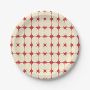 Retro Midcentury Modern Starbursts Red Cream Paper Plate
