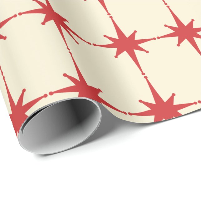 Retro Midcentury Modern Starbursts Red Cream Wrapping Paper (Roll Corner)
