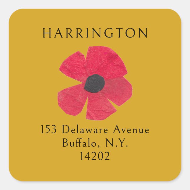 Retro Midcentury Red Poppy Yellow Return Address Square Sticker (Front)