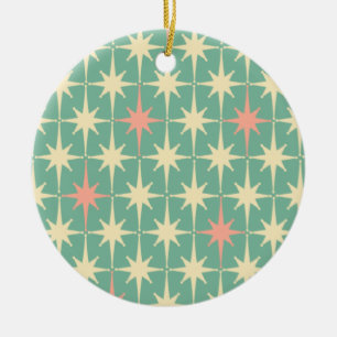 Retro Midcentury Star Pattern Pink and Teal Mint Ceramic Ornament