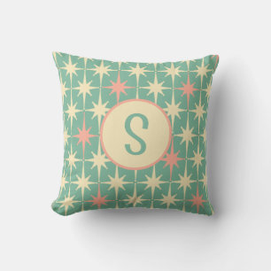 Retro Midcentury Star Pattern Pink Teal w/ Initial Throw Pillow