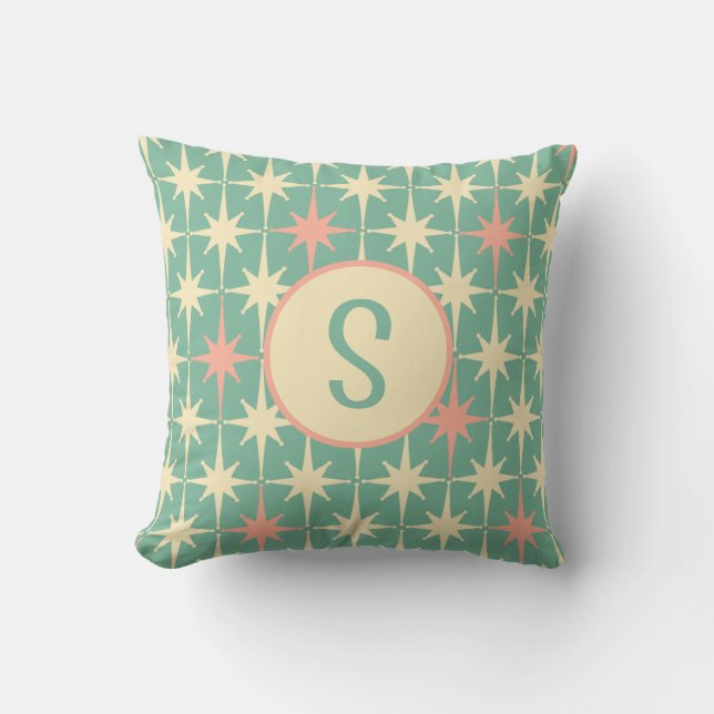 Retro Midcentury Star Pattern Pink Teal w/ Initial Throw Pillow (Front)