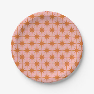 Retro Midcentury Starbursts Pattern Pink & Orange Paper Plate