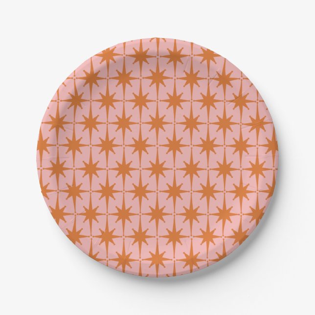 Retro Midcentury Starbursts Pattern Pink & Orange Paper Plate (Front)