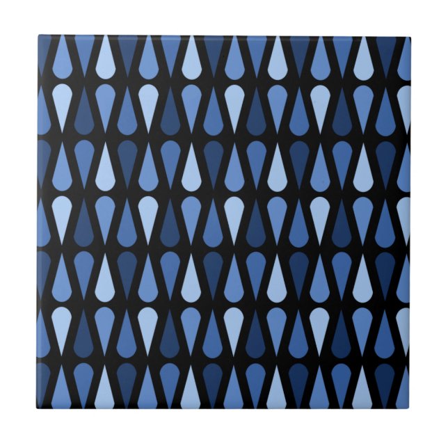 Retro Midcentury Teardrops Black Blue Tile (Front)