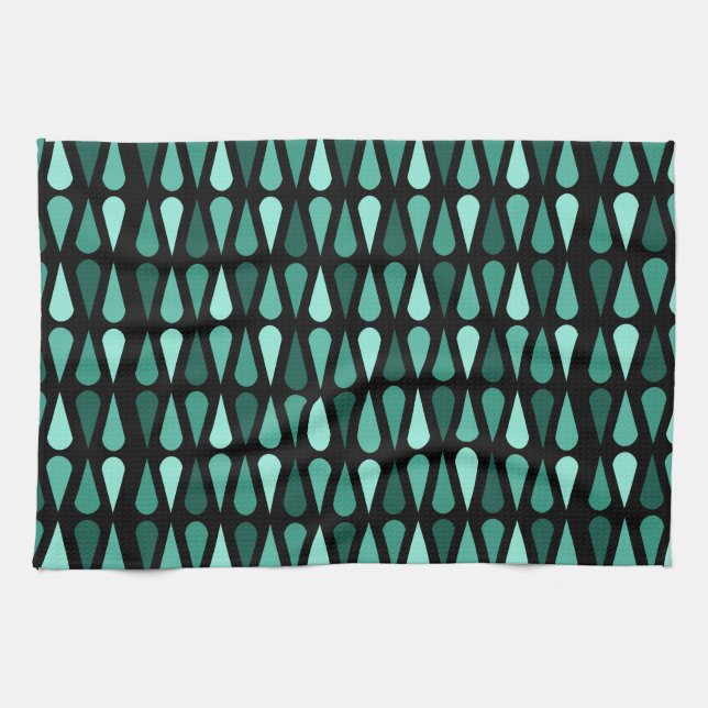 Retro Midcentury Teardrops Black Turquoise Kitchen Towel (Horizontal)