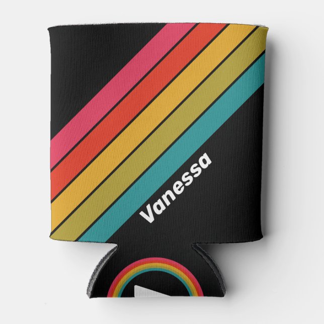 Retro Midnight Rainbow Striped with Name Can Cooler (Front)