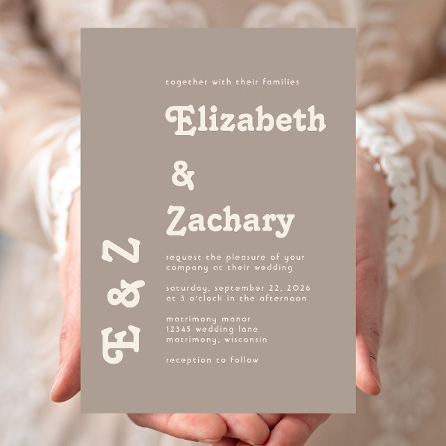 Retro Minimal Bold Typography Taupe Wedding Invitation (Creator Uploaded)
