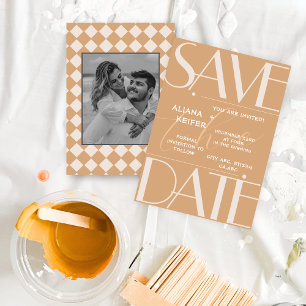 Retro Minimal Checkered Pattern Beige Wedding Save The Date