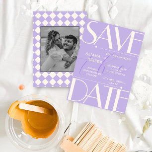 Retro Minimal Checkered Pattern Purple Wedding Save The Date