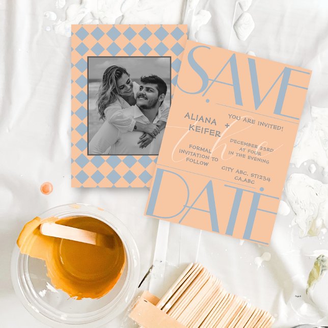 Retro Minimal Chequered Pattern Peach Wedding  Save The Date (Creator Uploaded)