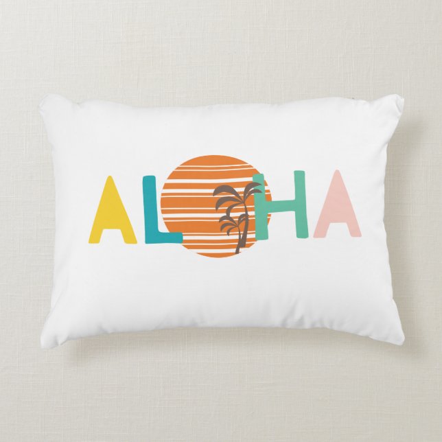 Retro, Minimalist "Aloha"Hawaii Sunset Palm Tree Accent Pillow (Front)