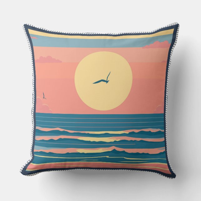 Retro Minimalist Beach Sunset Ocean Waves Throw Pillow (Front)