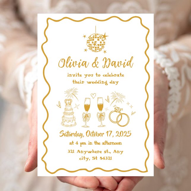 Retro minimalist hand drawn white,gold Wedding Invitation (Creator Uploaded)