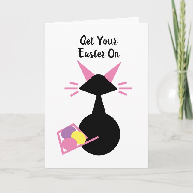 Retro Minimalist Happy Easter Pink Kitty Holiday Card (Front)