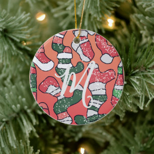 Retro Minimalist Socks in Holiday Colours Ceramic Ornament