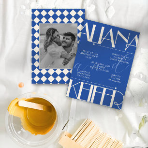 Retro Minimalistic Checkered Pattern Blue Wedding  Invitation