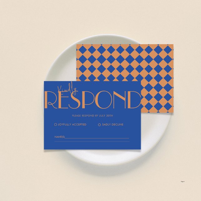 Retro Minimalistic Chequered Pattern Blue Wedding  RSVP Card (Creator Uploaded)